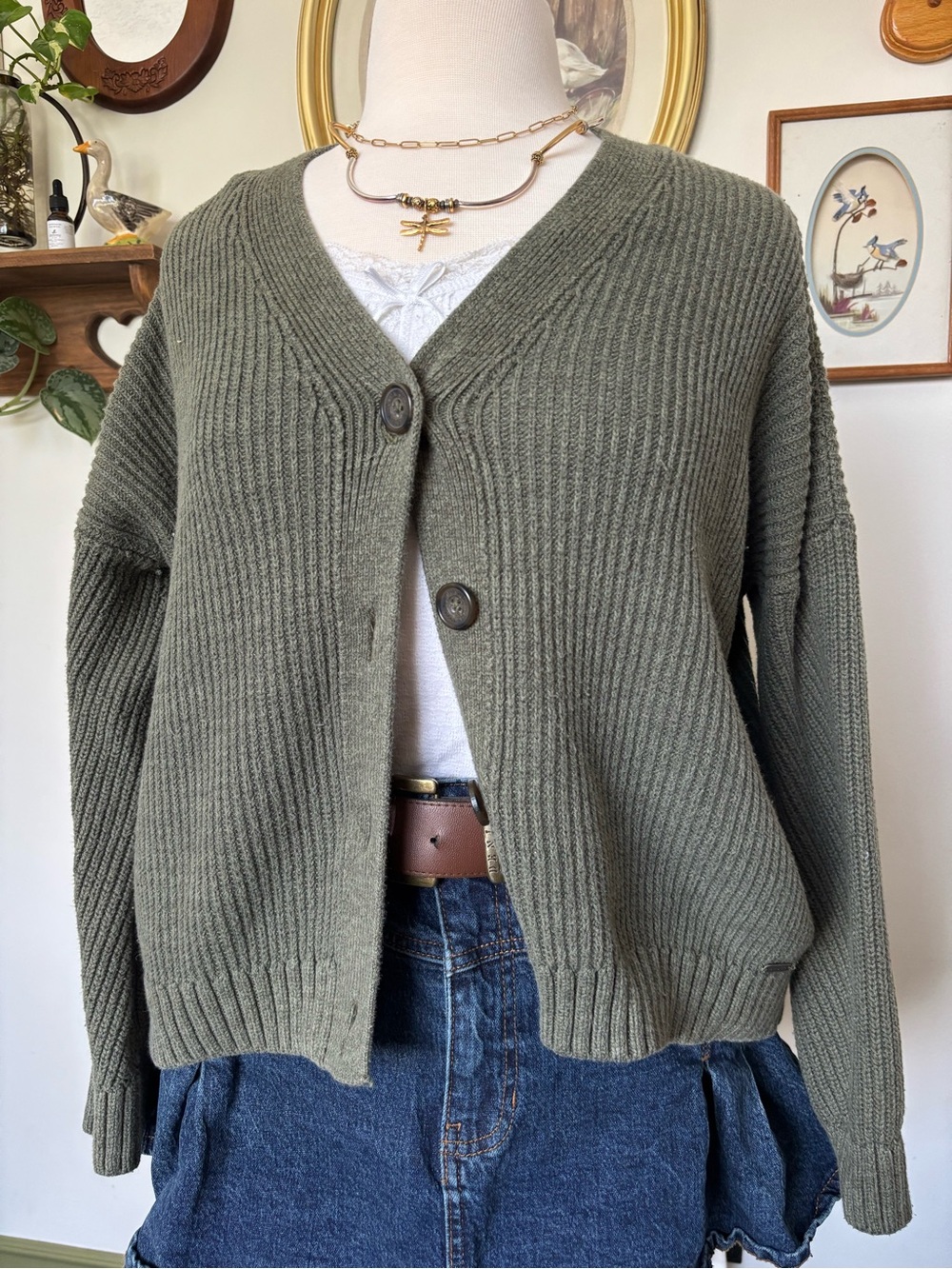 y2k Hollister Olive Green Ribbed V-Neck Button Cardigan